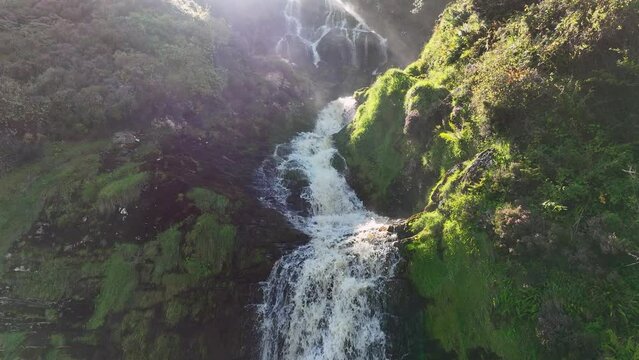 Aerial 4K drone footage of Assaranca Waterfall in Laconnell Co Donegal Ireland Summer