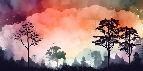 dreamy background with a watercolor sky and silhouetted t generative AI