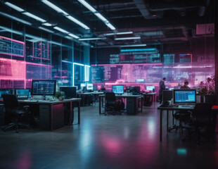 Creative business web telecommunication, internet technology connection, cloud computing and networking connectivity concept: terminal monitor in server room with server racks in datacenter. 