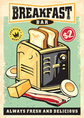 Breakfast bar retro poster idea with toaster and toast. Bacon, boiled eggs and butter graphic on old advertisement. Restaurant vector menu design. Food illustration.