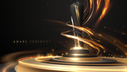 3d gold trophy on black podium with ribbon elements and hot fire decorations with glitter light effects and bokeh. Luxury award ceremony background. Vector illustration.