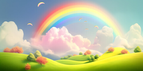 dreamy landscape with fluffy clouds and a rainbow generative AI