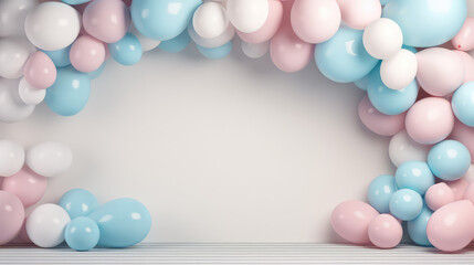 Fototapeta na wymiar Empty frame Balloon arch background in pastel light colors, balloons party backdrop template with copy space for text. 