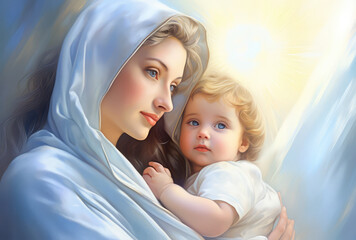 Holy Mary Mother of God and baby jesus , generative AI	 - obrazy, fototapety, plakaty