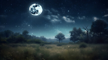 Fototapeta na wymiar dreamy scene with a full moon and stars generative AI