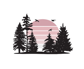 silhouette of fir trees, pink sunset vector