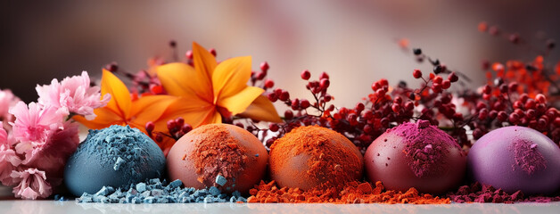 holi color powders and colorful balls with flowers with blurred background wallpaper 