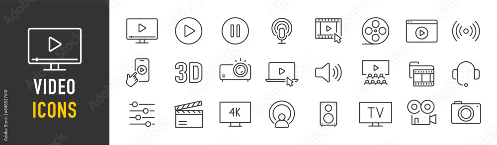 Wall mural video web icons in line style. camera, play, film, cinema, live, media, collection. vector illustrat