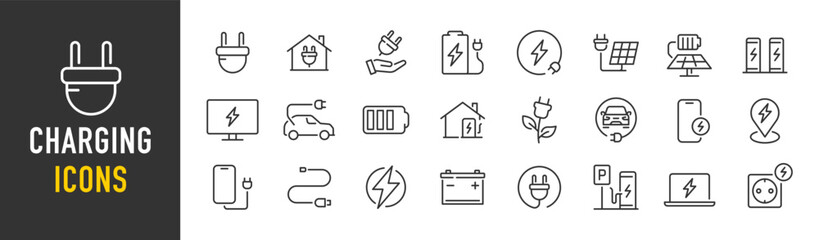 Charging web icons in line style. Charging, charging station, battery, electricity, wireless charging, electric car, collection. Vector illustration.
