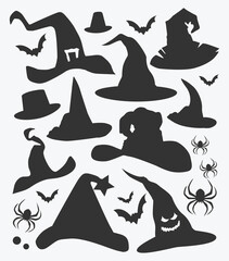 Black and White  Halloween hat pumpkin silhouette design or Halloween hat pumpkin and bat icon design template