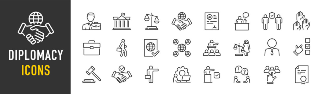 Diplomacy web icons in line style. Political, ambassador, doplomat, consulate, government, collection. Vector illustration.