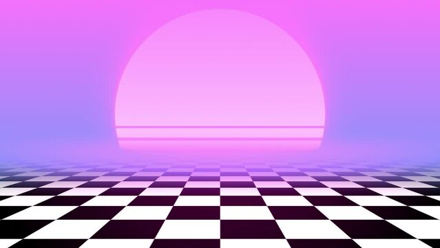 Retro animated background with black and white checkered floor, vaporwave aesthetics, pastel colors. Chess board style loop. Surreal vaporwave with a checkerboard floor. Vintage style retro sunset