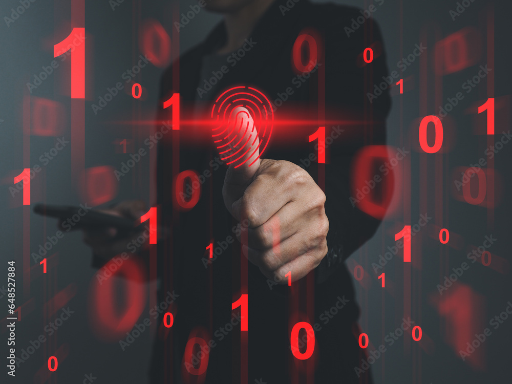 Poster fingerprint scanner cyber security and privacy to protect data, personal information protection fina