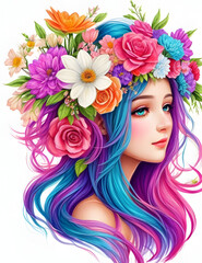 Fototapeta premium Beautiful Girl Colorful Flowers on Head Drawing Cartoon Illustration 