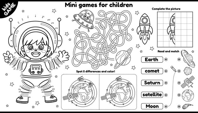 Vector space games placement for children. Kids outline set with cartoon girl astronaut, rocket, planets. Play and coloring. Activity page with mini-games. Connect the dots, find differences and other