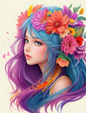 Beautiful Girl Colorful Flowers on Head Drawing Cartoon Illustration 