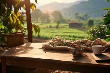 Image of a coffee field with sunlight and a wooden table showcasing freshly brewed coffee, a sack of beans, and plants in front. Horizontally arranged. Generative AI