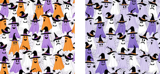 Halloween seamless pattern  goths, spider web, cats, pumkins in orange, violet and black color