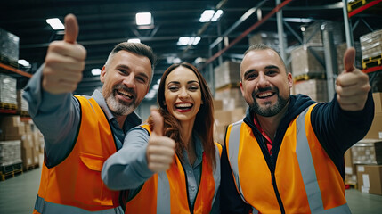Professional warehouse worker team celebrating success in warehouse factory, Cheerful workers having fun at work, Happiness at job, Concept of success, Happy team enjoying their successful job