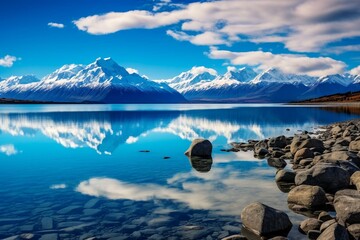 Mount Cook reflection on Lake Pukaki, New Zealand's highest peak & tourist spot. Generative AI - obrazy, fototapety, plakaty