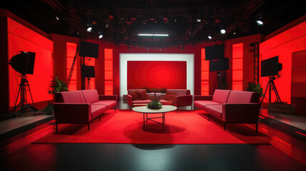 news studio with red ornaments