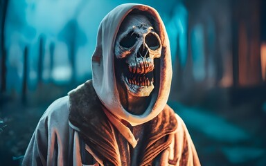 portrait of a skull in a hood, halloween ghosts, Halloween ghostlike, ghostly, creepy ghost, haunted ghost, spooky ghost, Generative AI