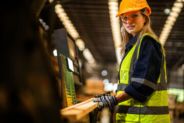 Factory engineer woman standing confident to control panel switch. Worker works at heavy machine at...