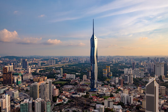 Kuala Lumpur, Malaysia - March 26, 2023 Merdeka 118 megatall skyscraper, the second tallest building in the world, aerial view