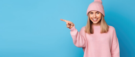 Portrait of a young smiling woman in knitted fashionable hat isolated on a flat blue background. Woman points her finger. Creative banner template for knitted hats store.  - obrazy, fototapety, plakaty