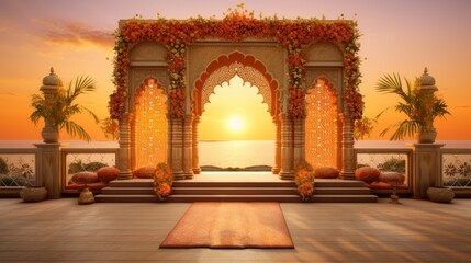 illustration of an Indian wedding arch set against a magnificent backdrop