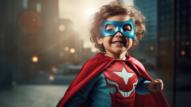 child proudly wearing a handmade superhero costume