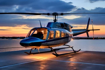 Fototapete Hubschrauber Luxury luxurious business helicopter private heli chopper on landing pad fast transportation success journey rich wealth corporate flight fly flying sky ground horizon sun clouds landing style stylish