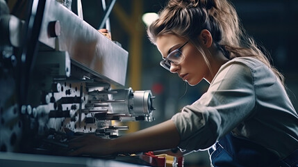 Workers wearing safety goggles control lathe machines to drill components. Metal lathe industrial manufacturing factory