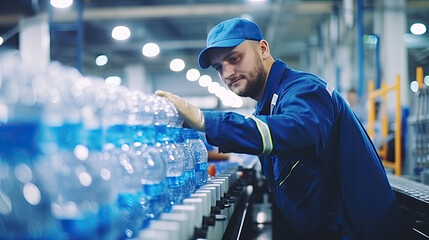 Worker in drinking water factory. men workers caucasian labor in beverage clean production conveyor belt mineral water manufactory.
