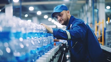 Poster Worker in drinking water factory. men workers caucasian labor in beverage clean production conveyor belt mineral water manufactory. © Sasint