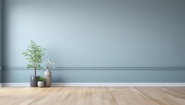 Empty living room with wooden floor and a plant on pot