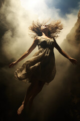 a free woman floating in the air. flying woman. falling woman. windy messy hair. foggy background sky.