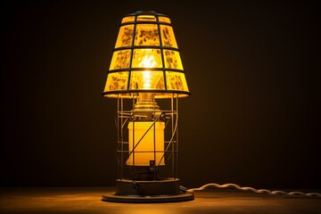 Fototapeta na wymiar Yellow lighthouse lamp atop metal frame. Generative AI