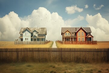 houses divided by a fence. Generative AI - obrazy, fototapety, plakaty