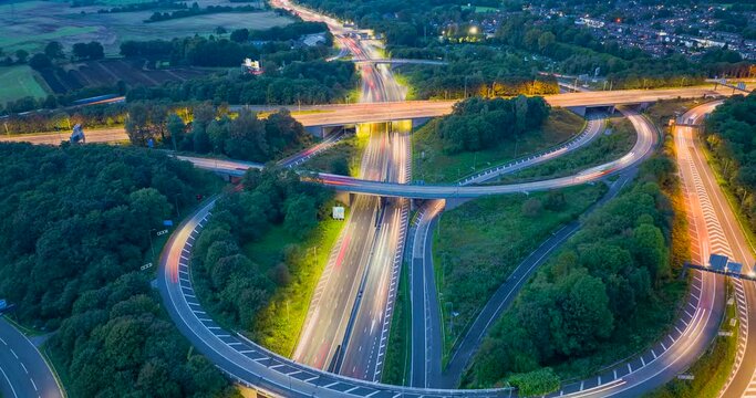 Aerial Hyperlapse video over junction 12 intersection of M60 and M62 motorways in Greater Manchester, UK. 