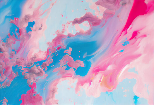 A close up of a pink and blue abstract painting white a white background and blue sky in the background.