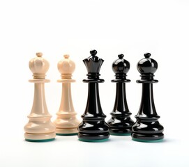 Beige and black chess pieces on a white background. The concept of board games and the development of logic.
