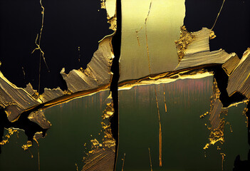 A gold and black abstract painting with gold paint streaks on it surface and a black background with gold paint streaks. Generative AI
