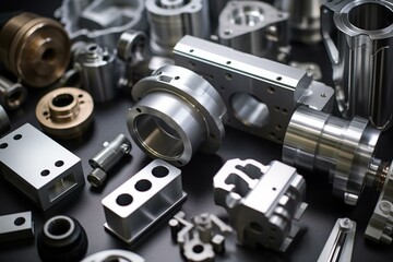 Components created by precision machining of aluminum using CNC technology; aluminum is anodized to enhance durability. Key industries: milling, metal parts. Generative AI - obrazy, fototapety, plakaty