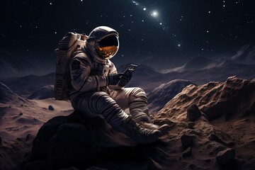 An astronaut is sitting on the moon and sends messages to friends and family via smartphone.
