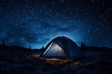 Night camp tent in a starry sky background. Close up