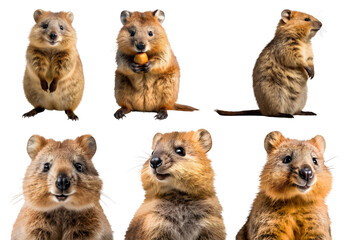 Quokka, many angles and view portrait side back head shot isolated on transparent background cutout, PNG file