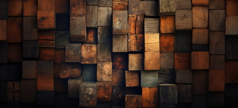 grunge wooden blocks aligned. Wide format. Hand edited AI.