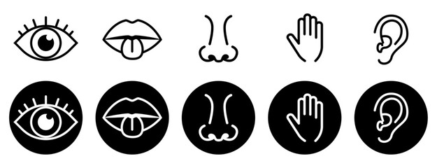 Human senses line icons set. Eye, lips and tongue, nose, hand, ear. Vision, taste,smell, touch, hearing. Vector stock illustration.