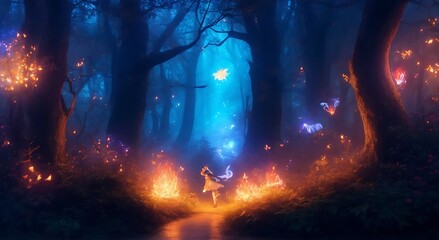 Magical forest scene with illuminated fireflie ,generative AI - obrazy, fototapety, plakaty